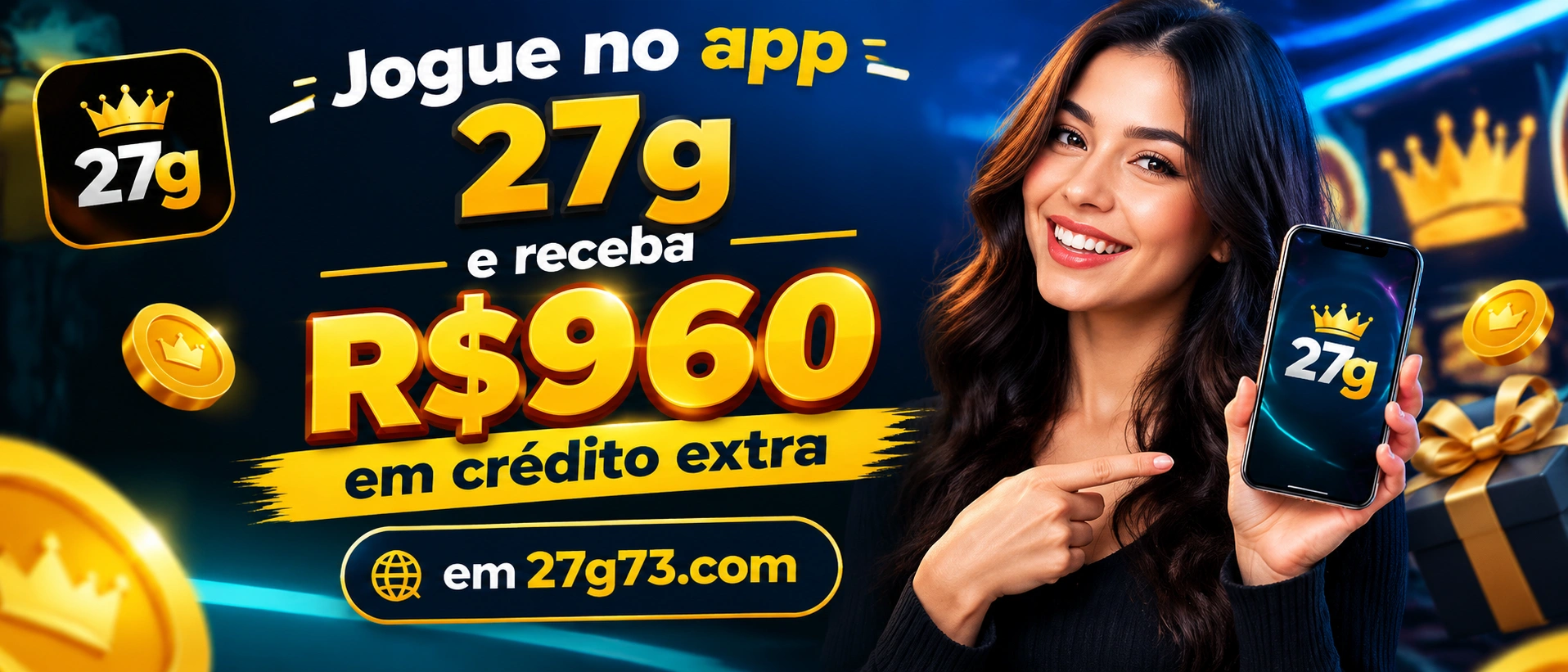 27g73 em acesso móvel no celular, mostrando a interface de app e navegação principal